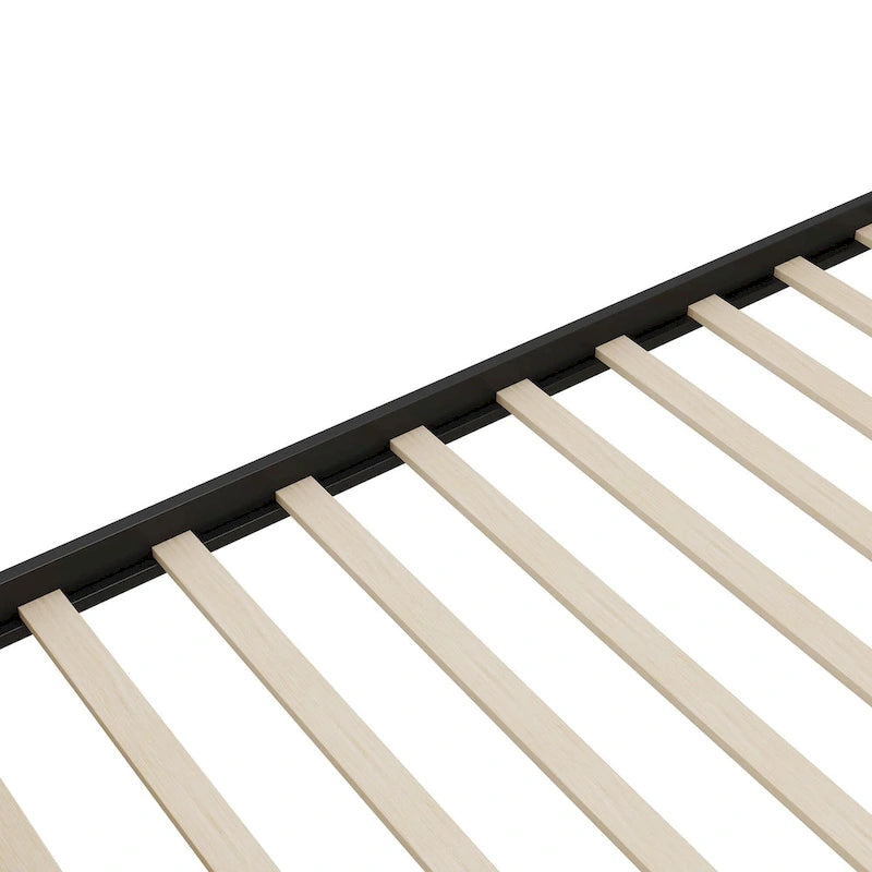 Lit plateforme de rangement Queen Size en bois avec 2 tiroirs, tête et pied de lit en rotin, noir