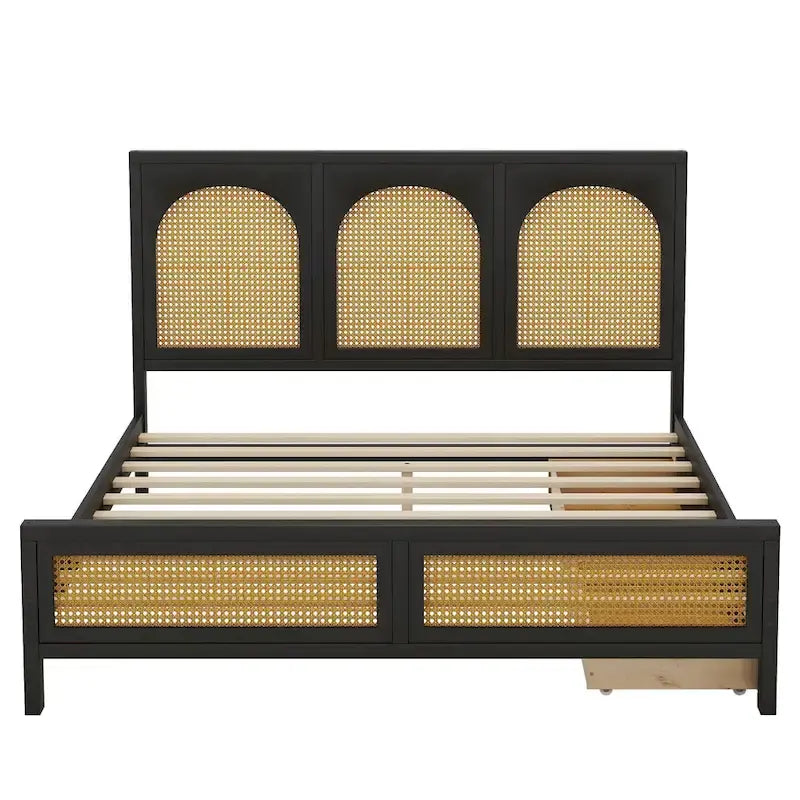 Lit plateforme de rangement Queen Size en bois avec 2 tiroirs, tête et pied de lit en rotin, noir