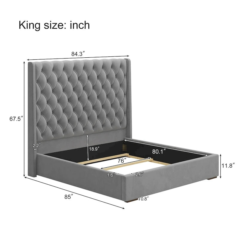 Lit king size rembourré avec tête de lit de 67,5 de haut avec capitonnage profond fait à la main, sommier tapissier requis, velours