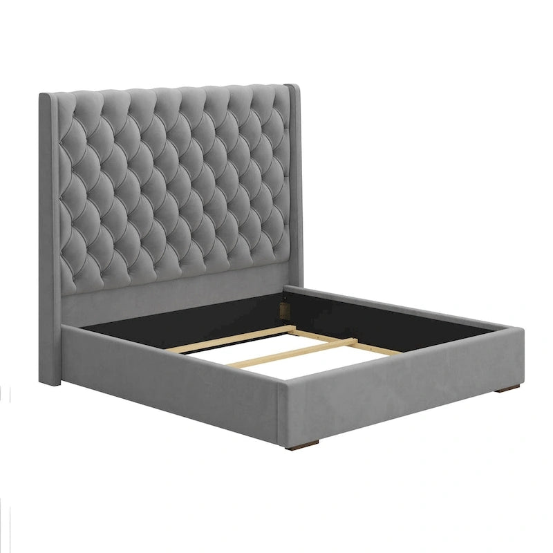 Lit king size rembourré avec tête de lit de 67,5 de haut avec capitonnage profond fait à la main, sommier tapissier requis, velours