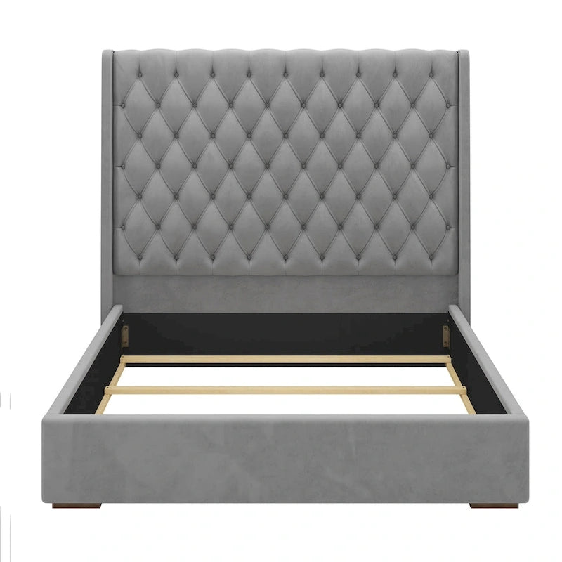 Lit king size rembourré avec tête de lit de 67,5 de haut avec capitonnage profond fait à la main, sommier tapissier requis, velours