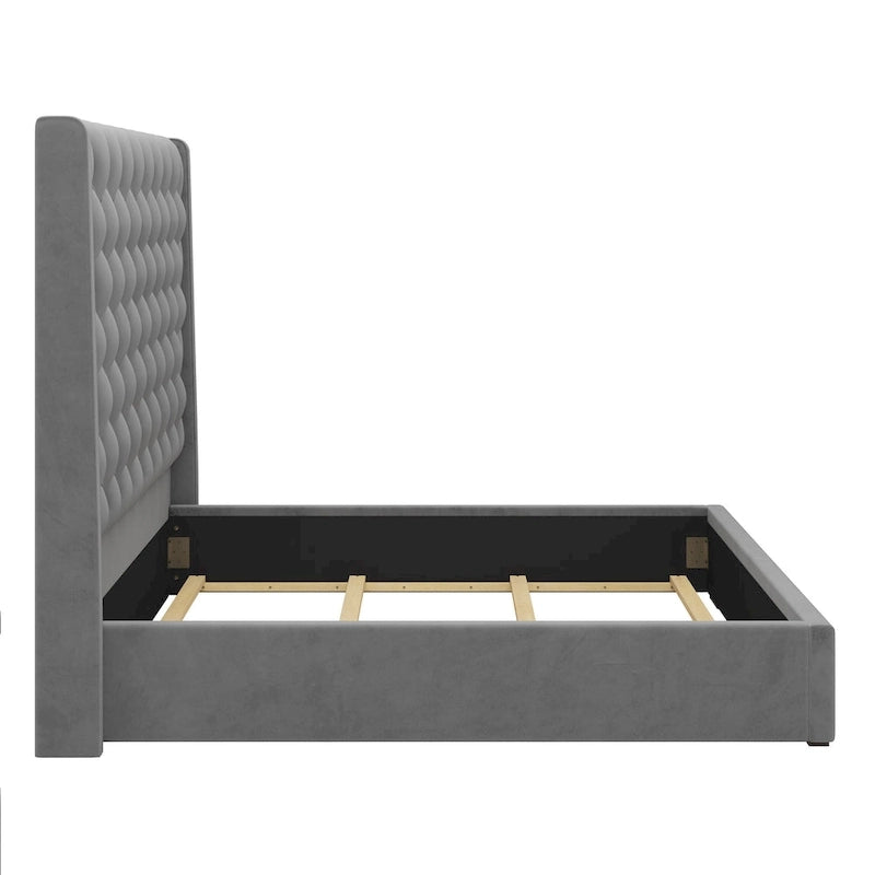 Lit king size rembourré avec tête de lit de 67,5 de haut avec capitonnage profond fait à la main, sommier tapissier requis, velours