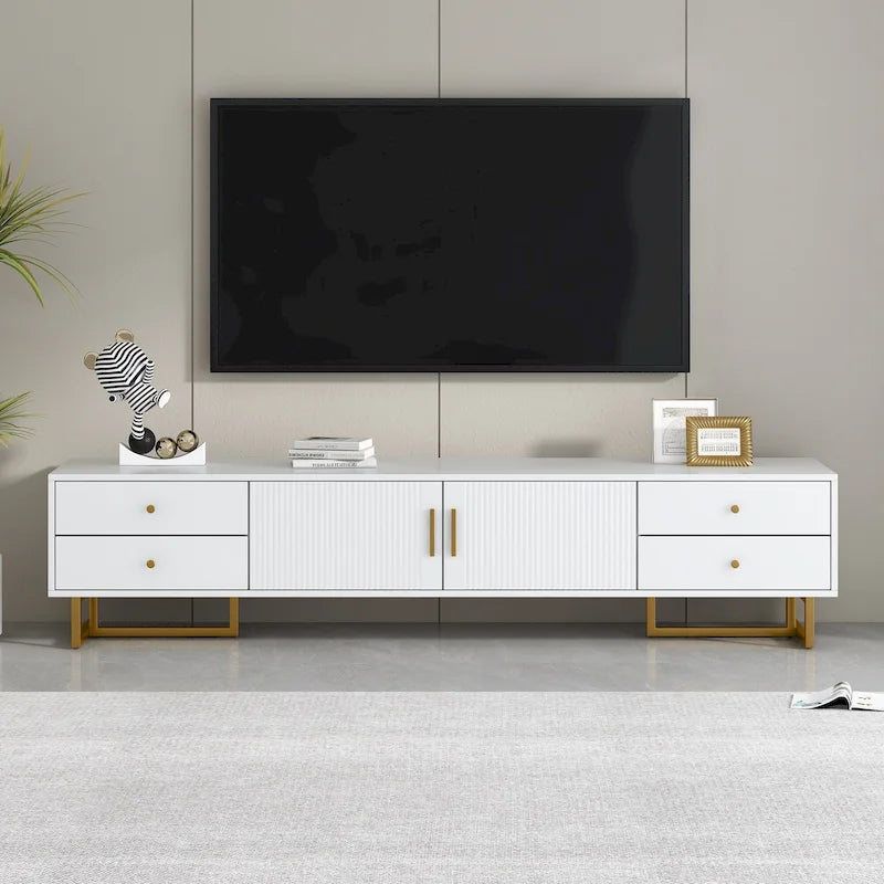 Meuble TV moderne blanc de 70 po avec rangement et tiroirs pour téléviseurs jusqu'à 65 po