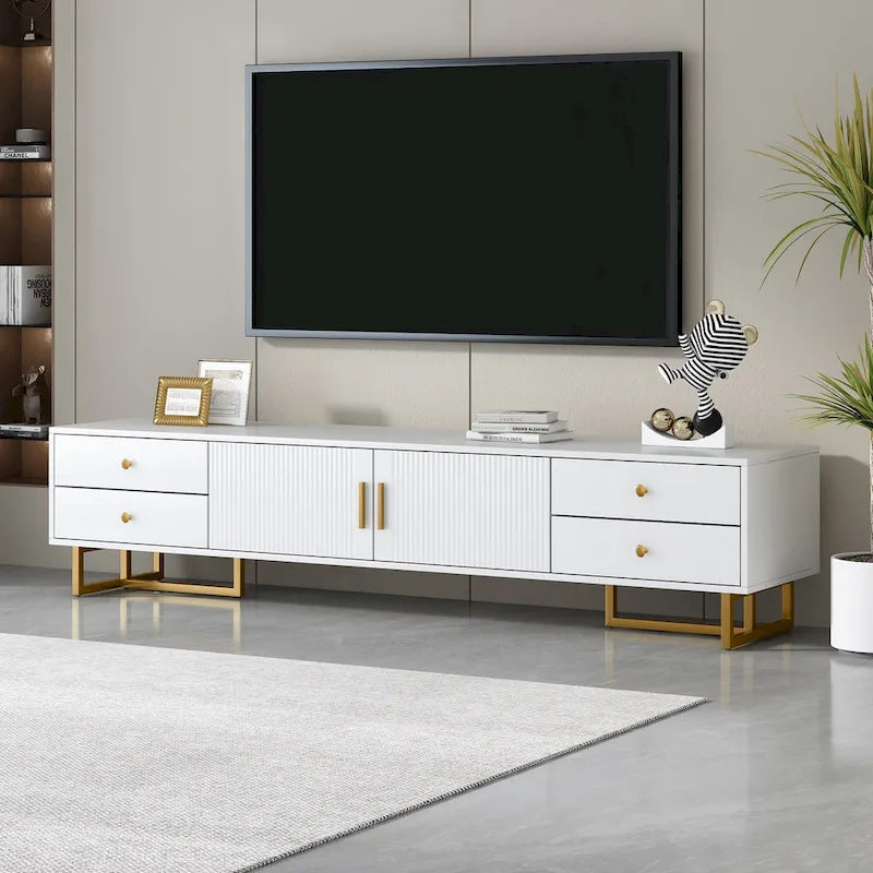Meuble TV moderne blanc de 70 po avec rangement et tiroirs pour téléviseurs jusqu'à 65 po
