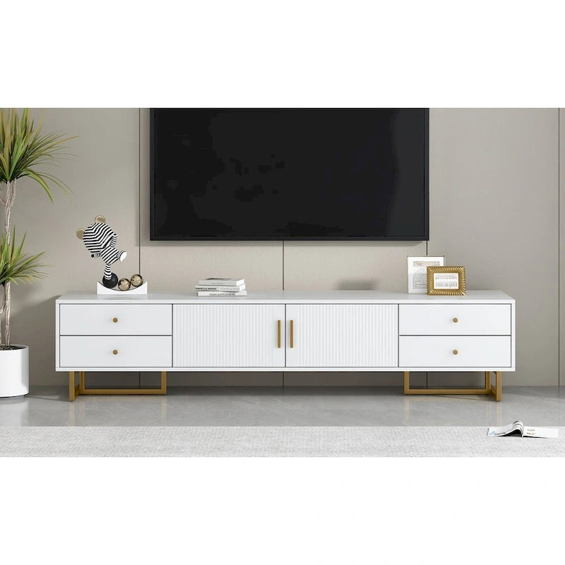 Meuble TV moderne blanc de 70 po avec rangement et tiroirs pour téléviseurs jusqu'à 65 po