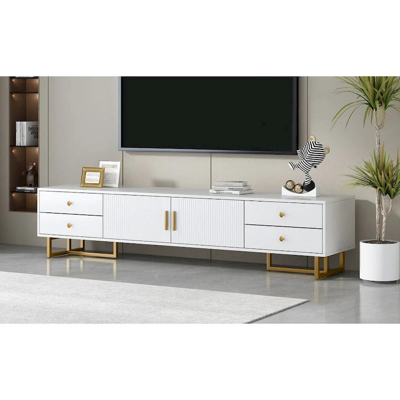 Meuble TV moderne blanc de 70 po avec rangement et tiroirs pour téléviseurs jusqu'à 65 po