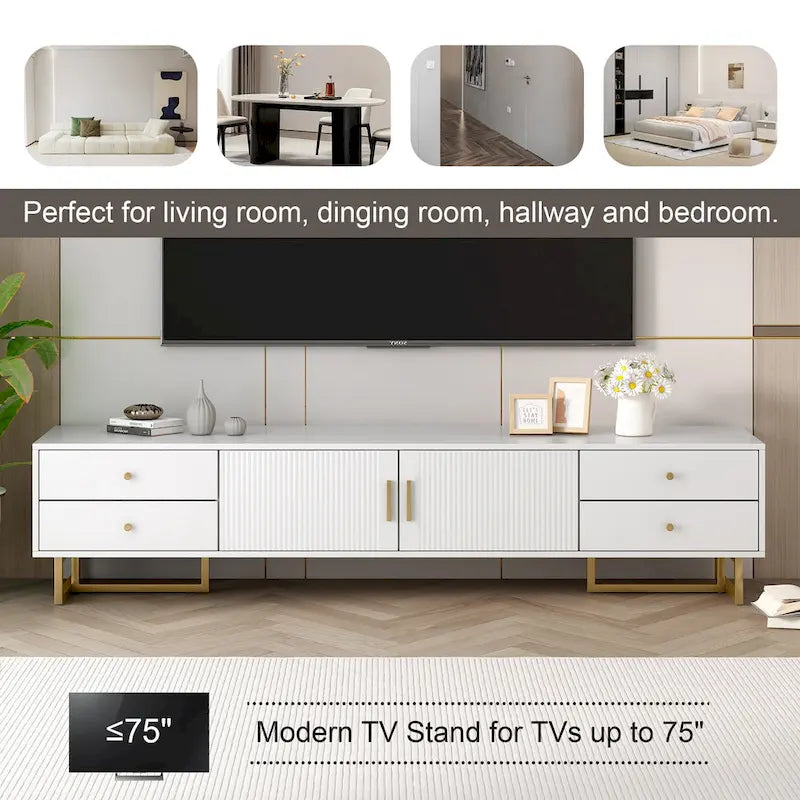 Meuble TV moderne blanc de 70 po avec rangement et tiroirs pour téléviseurs jusqu'à 65 po