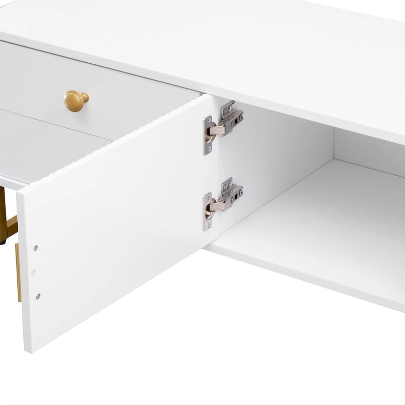 Meuble TV moderne blanc de 70 po avec rangement et tiroirs pour téléviseurs jusqu'à 65 po