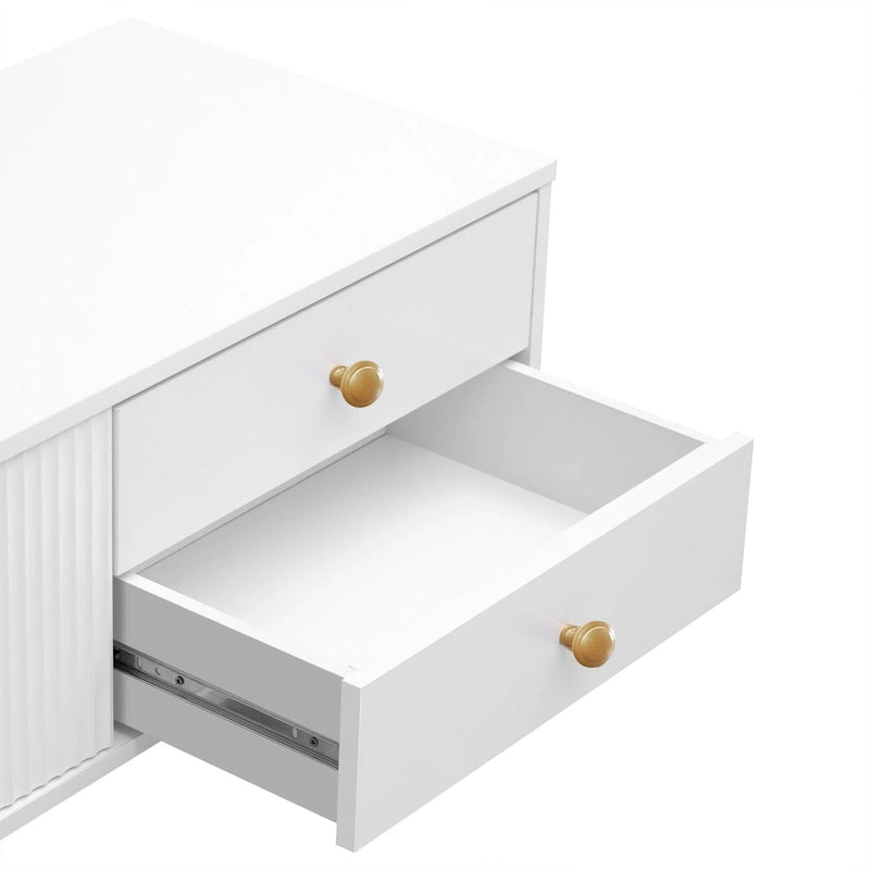 Meuble TV moderne blanc de 70 po avec rangement et tiroirs pour téléviseurs jusqu'à 65 po