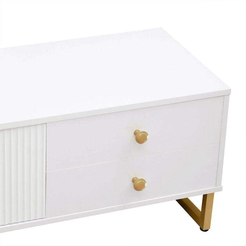 Meuble TV moderne blanc de 70 po avec rangement et tiroirs pour téléviseurs jusqu'à 65 po