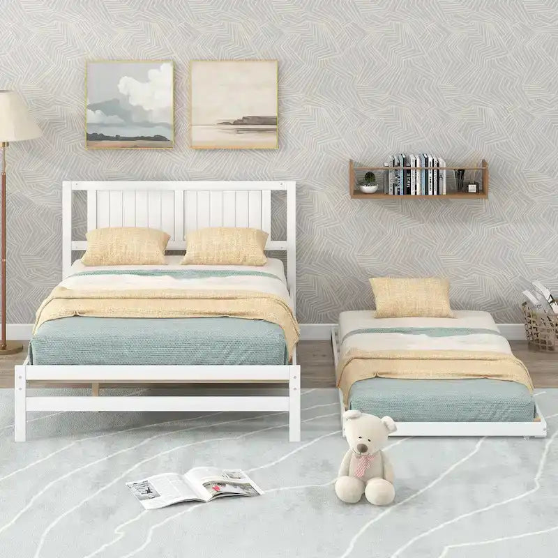 Lit plateforme en pin blanc avec lit gigogne réglable