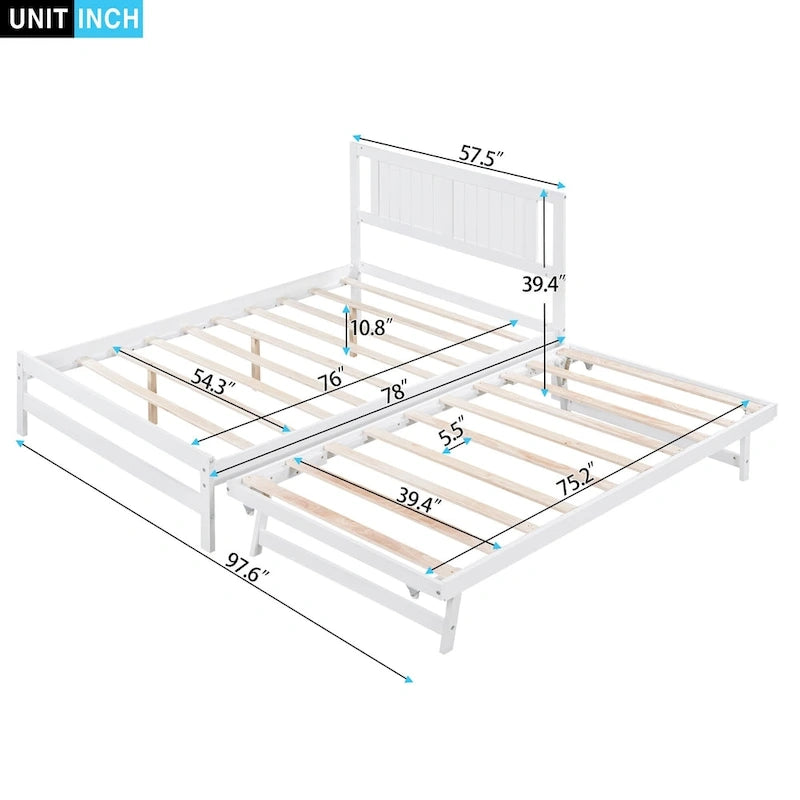 Lit plateforme en pin blanc avec lit gigogne réglable