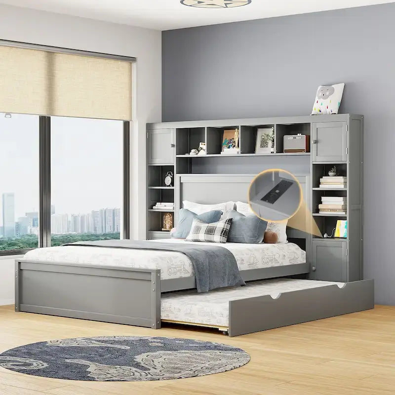 Lit plateforme en bois gris Queen Size avec placard, étagère et prises