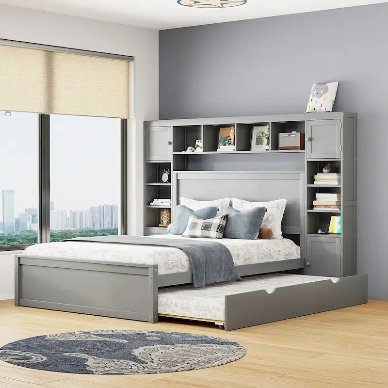 Lit plateforme en bois gris Queen Size avec placard, étagère et prises
