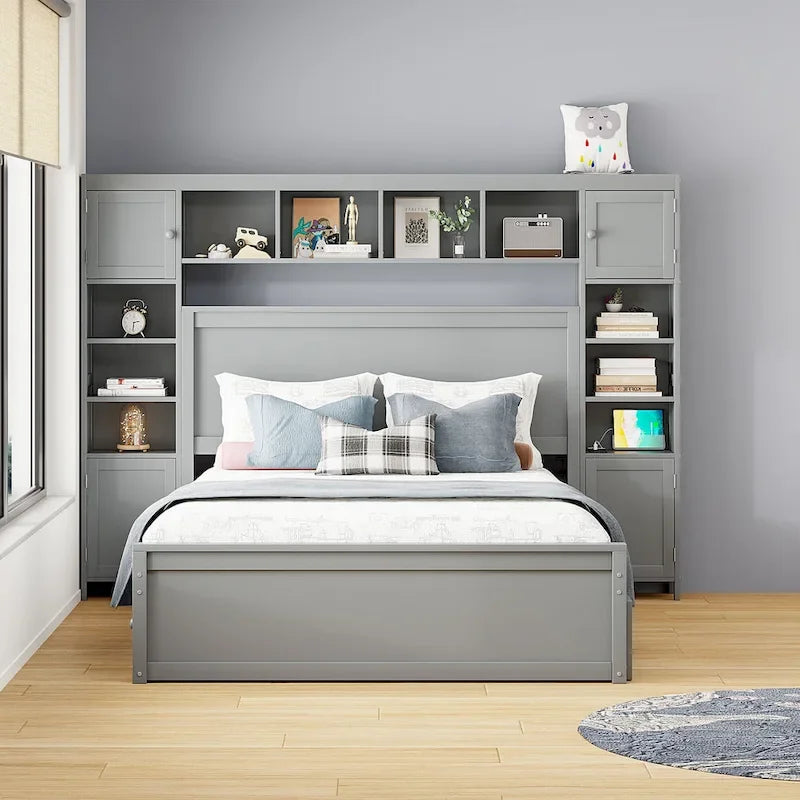 Lit plateforme en bois gris Queen Size avec placard, étagère et prises