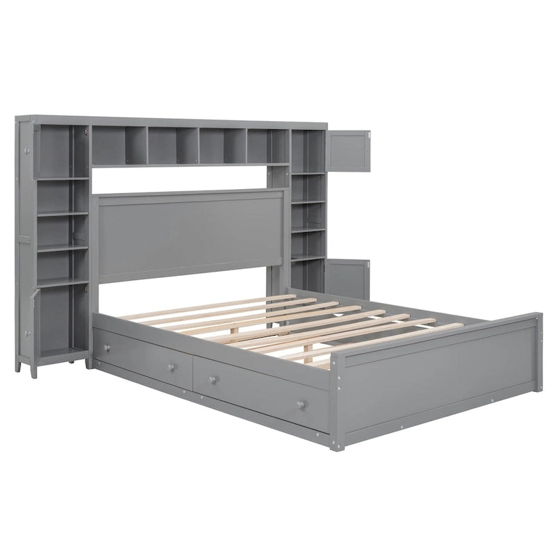 Lit plateforme en bois gris Queen Size avec placard, étagère et prises