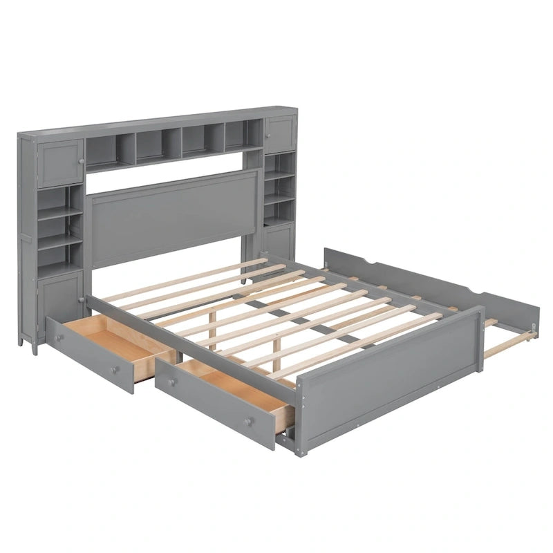 Lit plateforme en bois gris Queen Size avec placard, étagère et prises