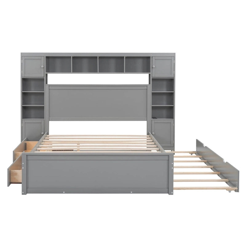 Lit plateforme en bois gris Queen Size avec placard, étagère et prises