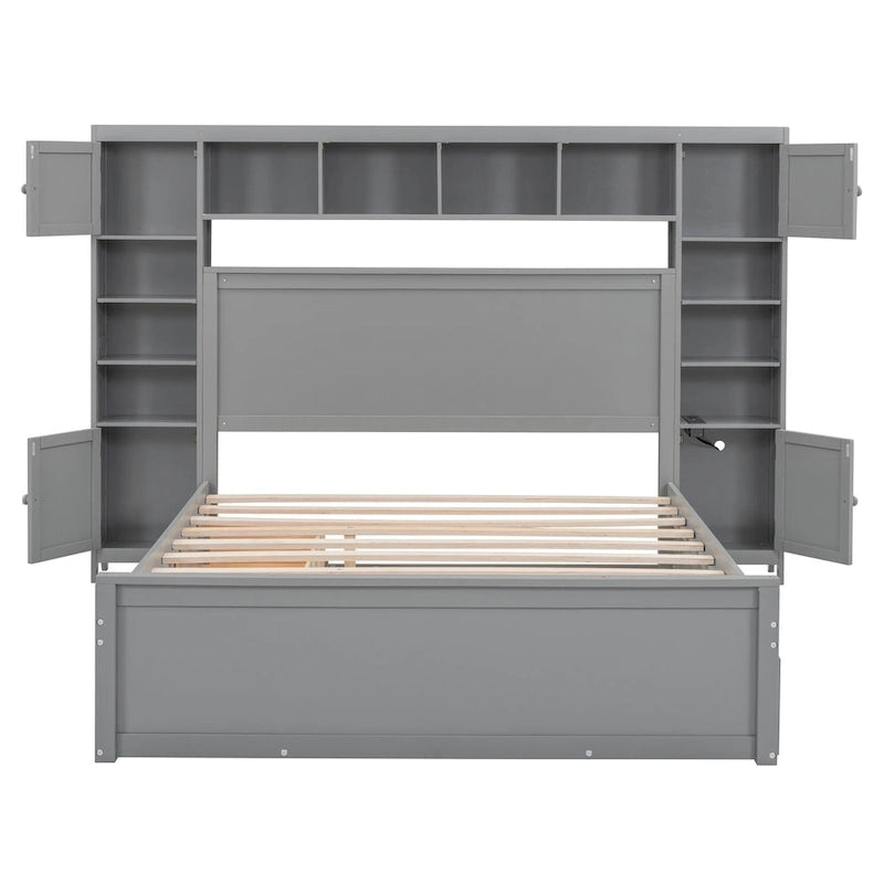 Lit plateforme en bois gris Queen Size avec placard, étagère et prises