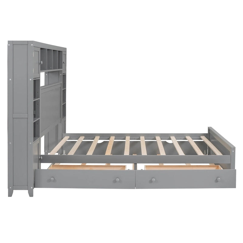 Lit plateforme en bois gris Queen Size avec placard, étagère et prises