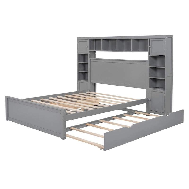 Lit plateforme en bois gris Queen Size avec placard, étagère et prises