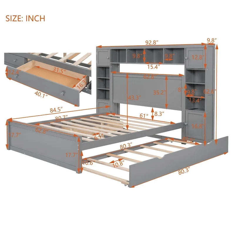 Lit plateforme en bois gris Queen Size avec placard, étagère et prises