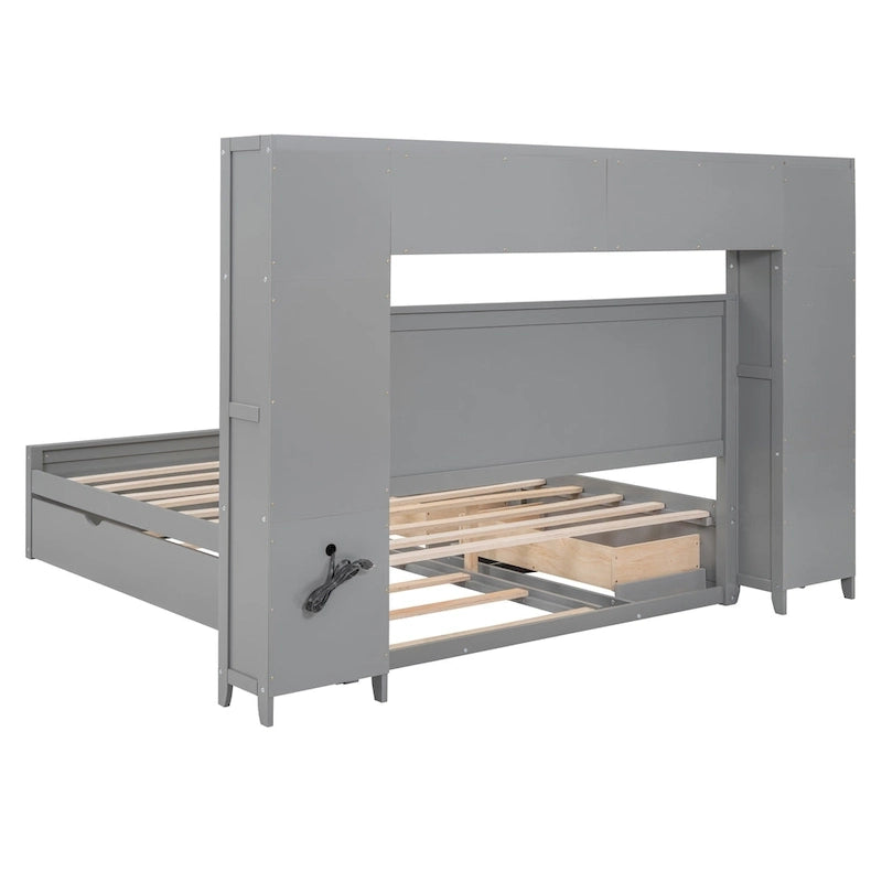 Lit plateforme en bois gris Queen Size avec placard, étagère et prises