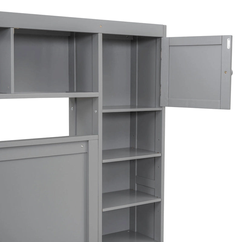 Lit plateforme en bois gris Queen Size avec placard, étagère et prises