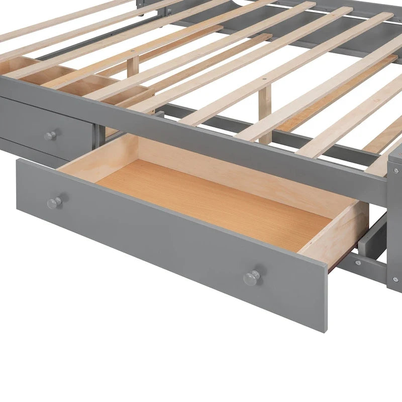Lit plateforme en bois gris Queen Size avec placard, étagère et prises