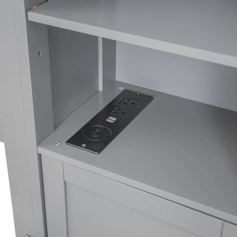 Lit plateforme en bois gris Queen Size avec placard, étagère et prises