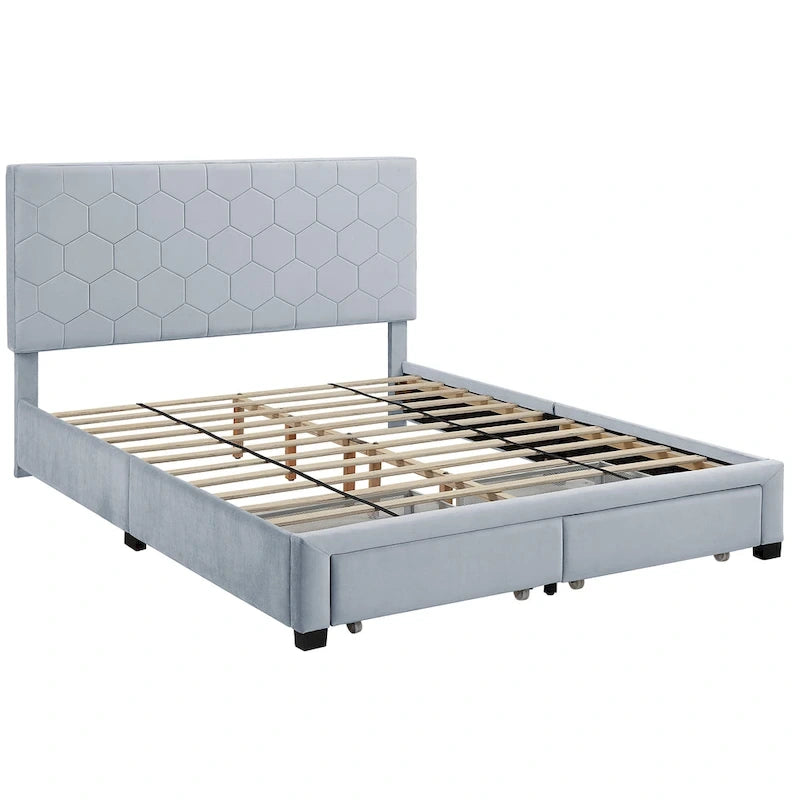 Lit d'appoint capitonné en velours gris moderne avec tête de lit en nid d'abeille et rangement
