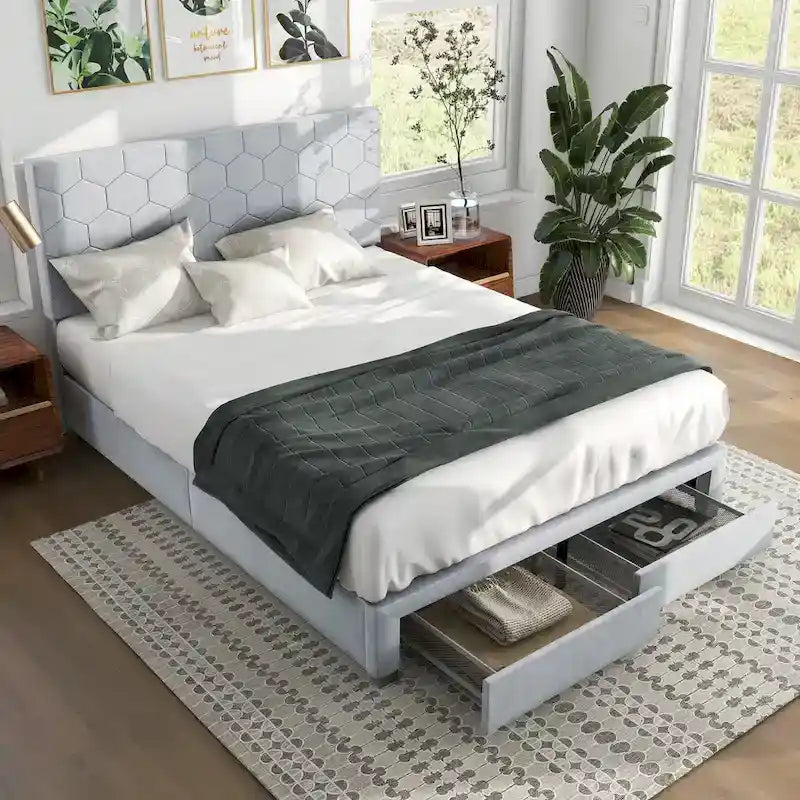 Lit d'appoint capitonné en velours gris moderne avec tête de lit en nid d'abeille et rangement