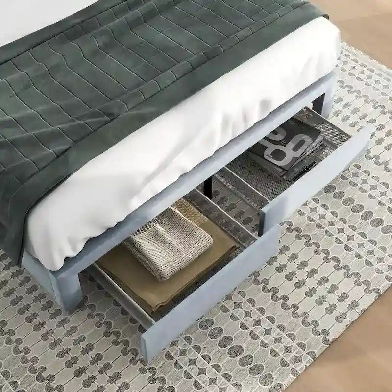 Lit d'appoint capitonné en velours gris moderne avec tête de lit en nid d'abeille et rangement