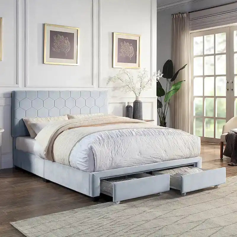 Lit d'appoint capitonné en velours gris moderne avec tête de lit en nid d'abeille et rangement
