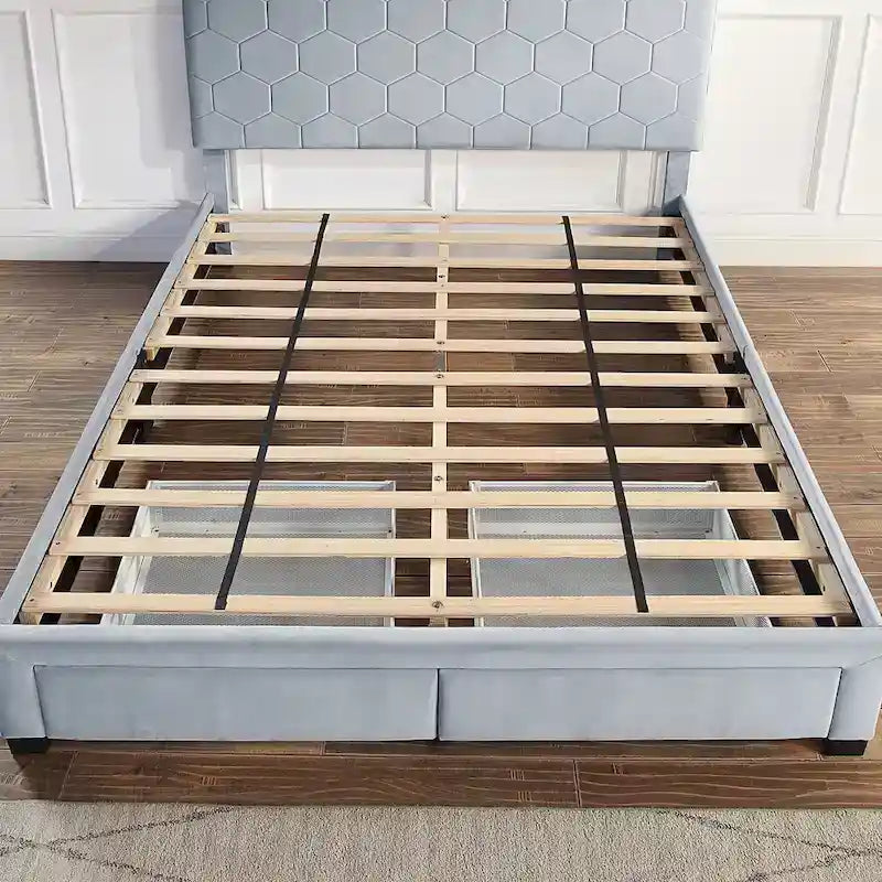 Lit d'appoint capitonné en velours gris moderne avec tête de lit en nid d'abeille et rangement