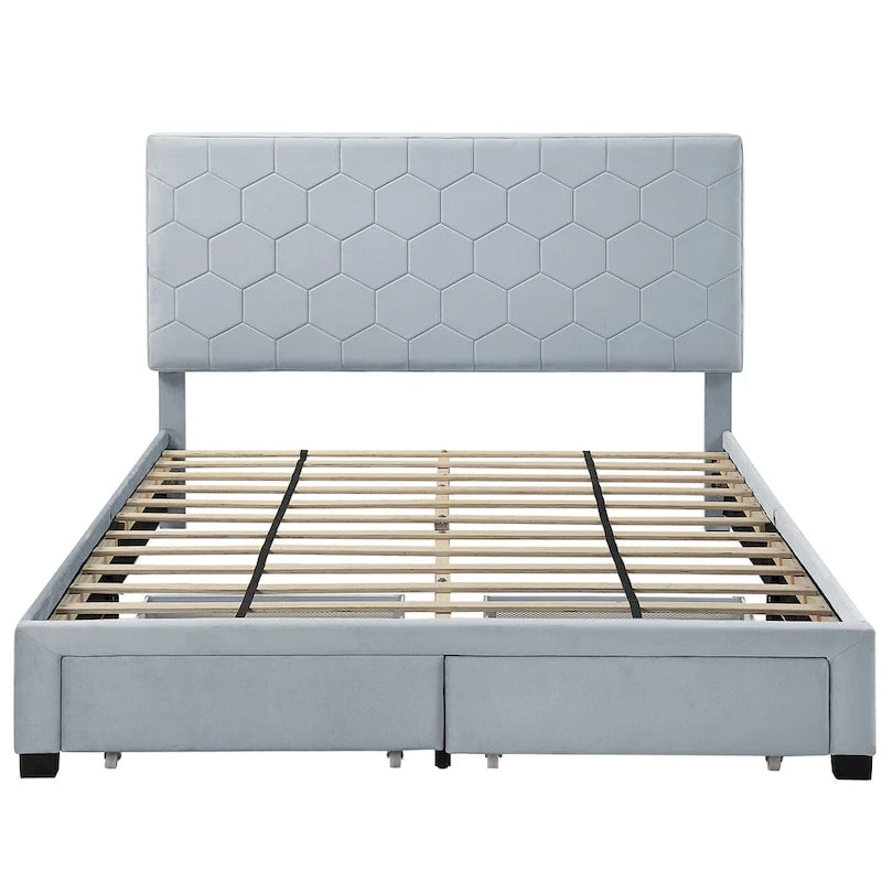 Lit d'appoint capitonné en velours gris moderne avec tête de lit en nid d'abeille et rangement