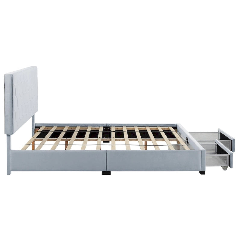 Lit d'appoint capitonné en velours gris moderne avec tête de lit en nid d'abeille et rangement