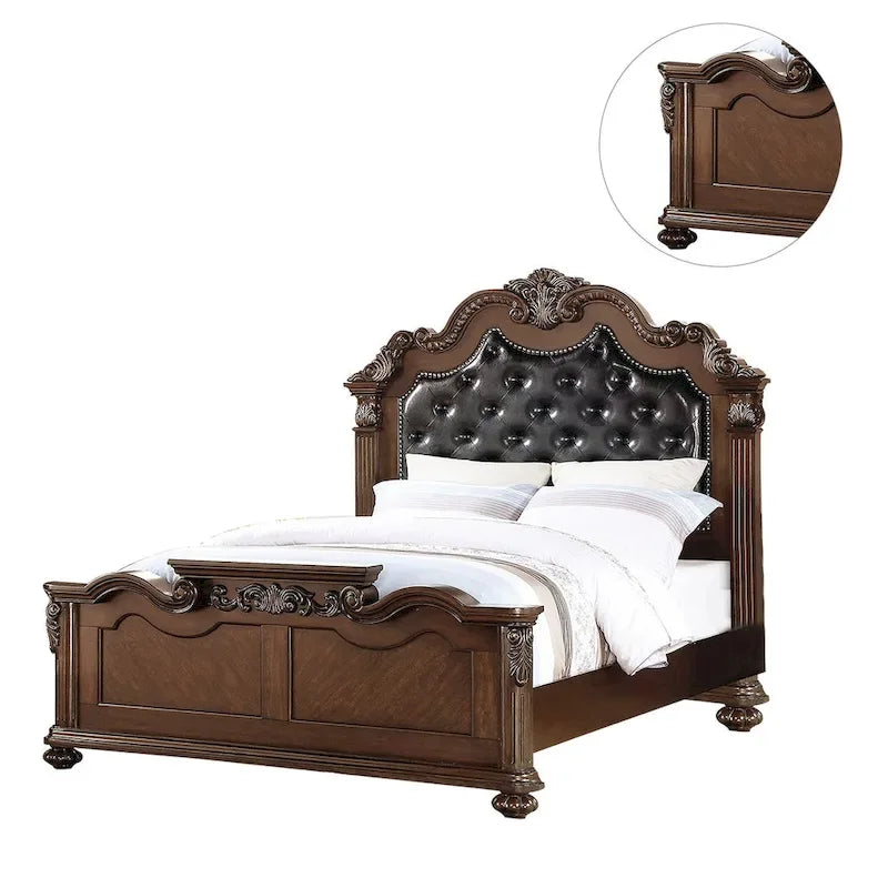 Lit en bois avec tête de lit capitonnée, finition merisier foncé