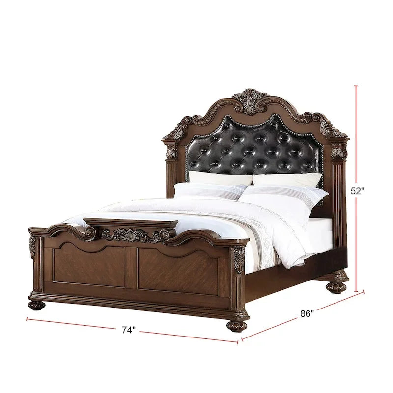 Lit en bois avec tête de lit capitonnée, finition merisier foncé