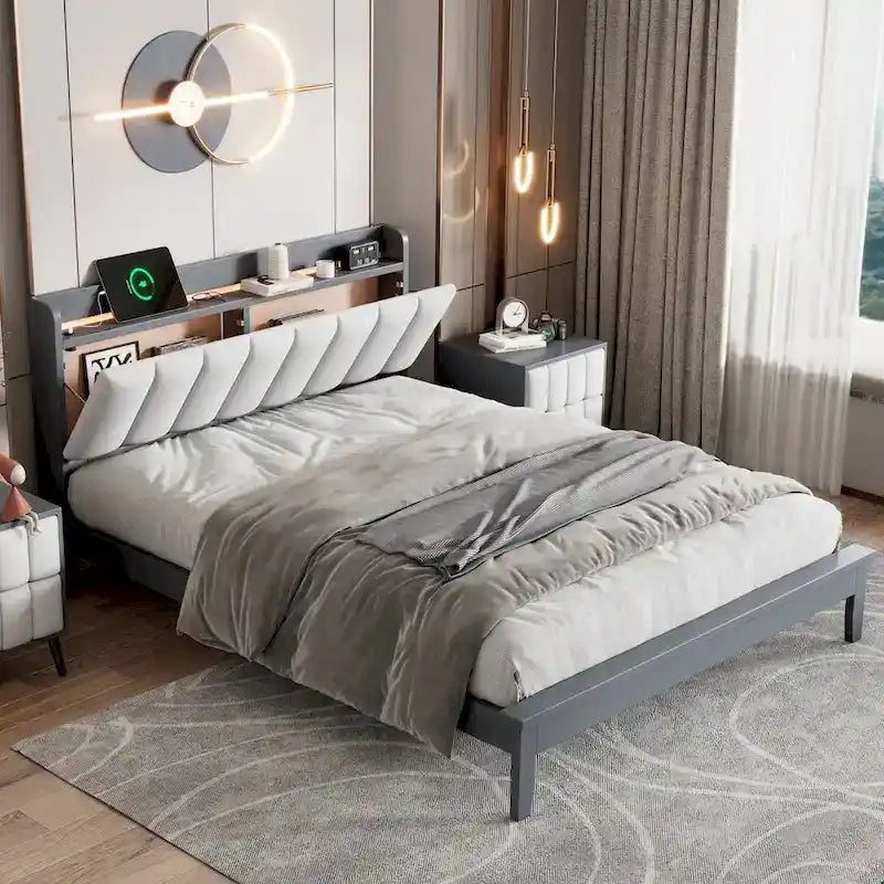 Lit plateforme avec station de recharge USB et tête de lit rembourrée de rangement, cadre de lit LED, sommier tapissier non requis