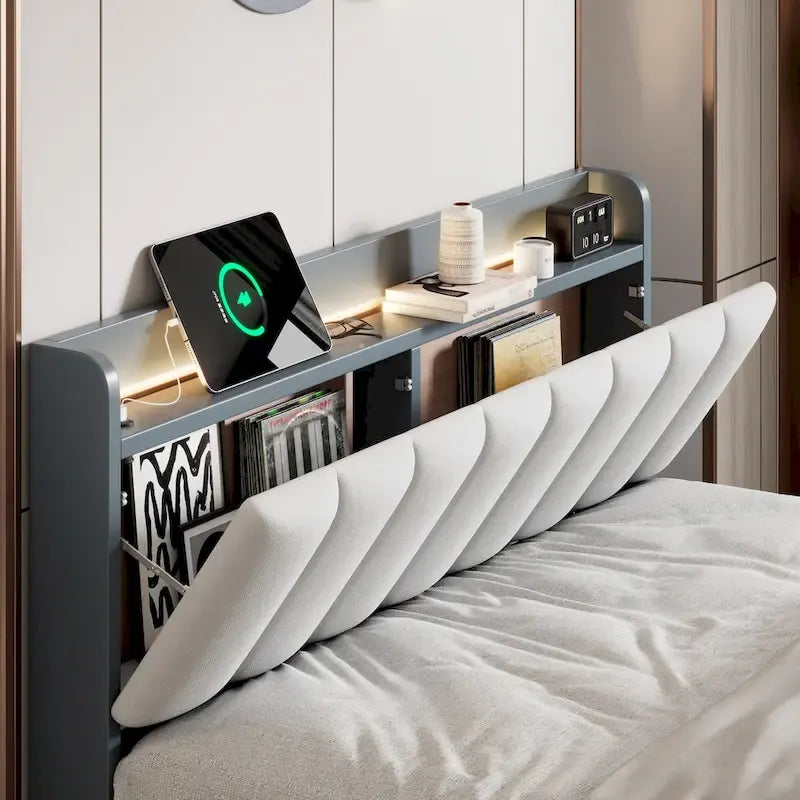 Lit plateforme avec station de recharge USB et tête de lit rembourrée de rangement, cadre de lit LED, sommier tapissier non requis