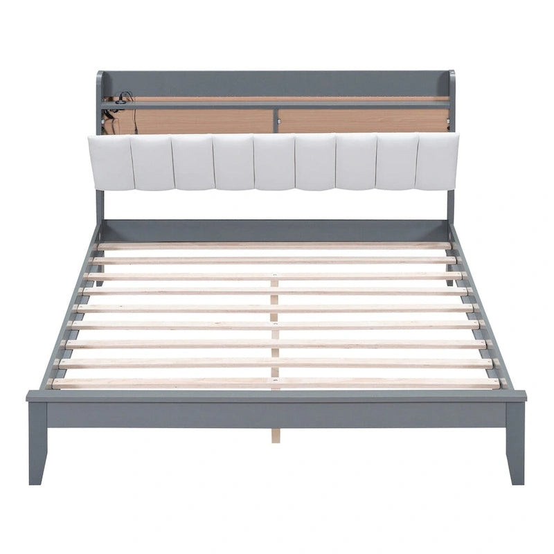 Lit plateforme avec station de recharge USB et tête de lit rembourrée de rangement, cadre de lit LED, sommier tapissier non requis