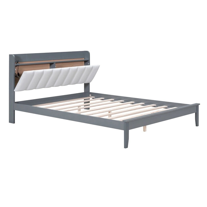 Lit plateforme avec station de recharge USB et tête de lit rembourrée de rangement, cadre de lit LED, sommier tapissier non requis