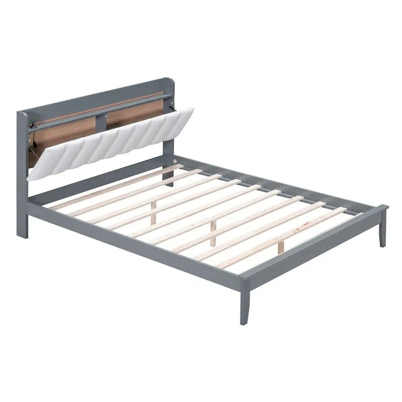 Lit plateforme avec station de recharge USB et tête de lit rembourrée de rangement, cadre de lit LED, sommier tapissier non requis