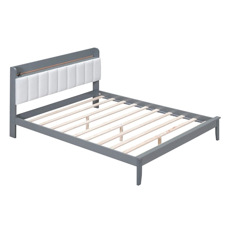 Lit plateforme avec station de recharge USB et tête de lit rembourrée de rangement, cadre de lit LED, sommier tapissier non requis