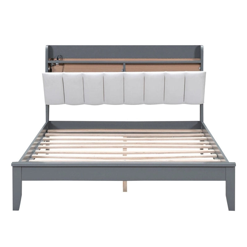 Lit plateforme avec station de recharge USB et tête de lit rembourrée de rangement, cadre de lit LED, sommier tapissier non requis