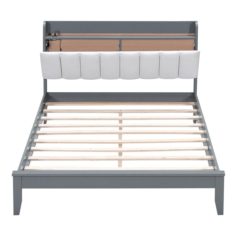 Lit plateforme avec station de recharge USB et tête de lit rembourrée de rangement, cadre de lit LED, sommier tapissier non requis