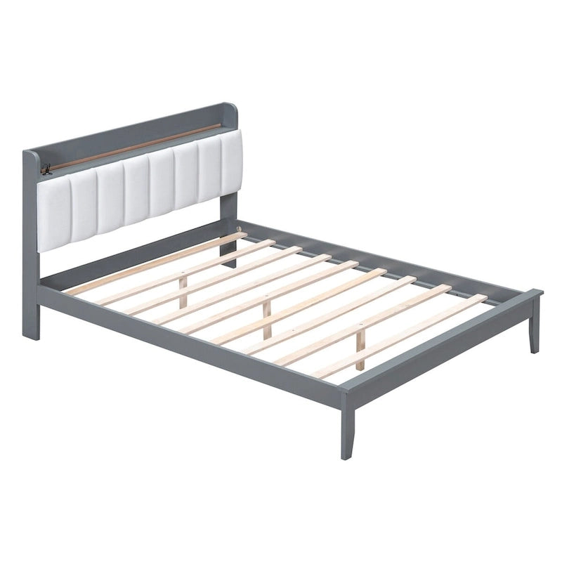 Lit plateforme avec station de recharge USB et tête de lit rembourrée de rangement, cadre de lit LED, sommier tapissier non requis