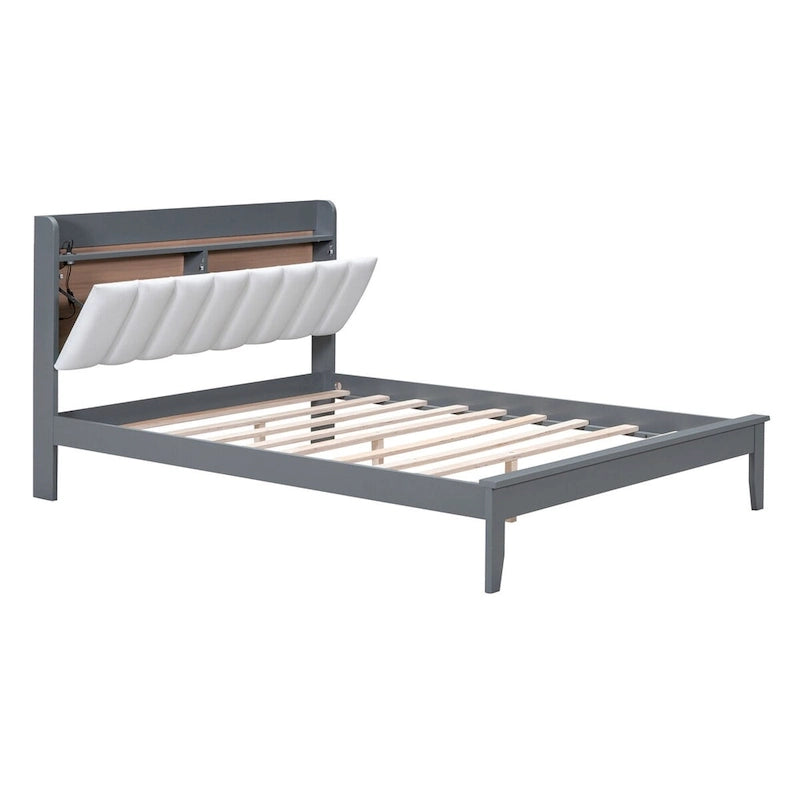 Lit plateforme avec station de recharge USB et tête de lit rembourrée de rangement, cadre de lit LED, sommier tapissier non requis
