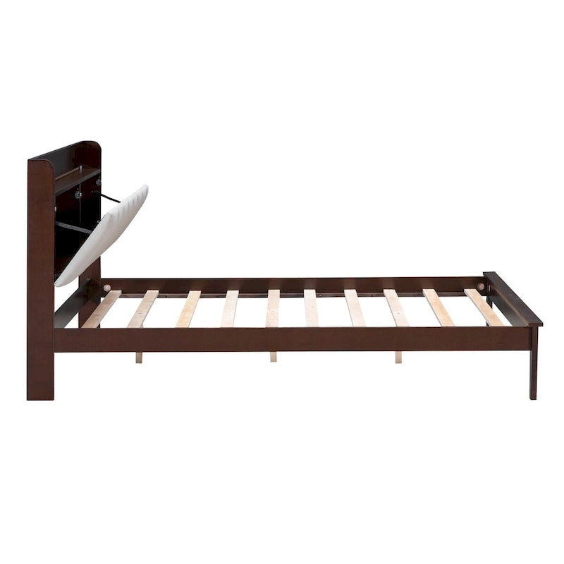 Lit plateforme avec station de recharge USB et tête de lit rembourrée de rangement, cadre de lit LED, sommier tapissier non requis